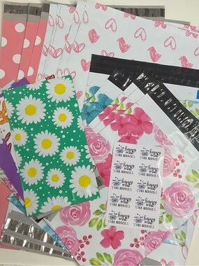 Decorative Floral and Patterned Poly Mailer Bags - Pink, Green, White